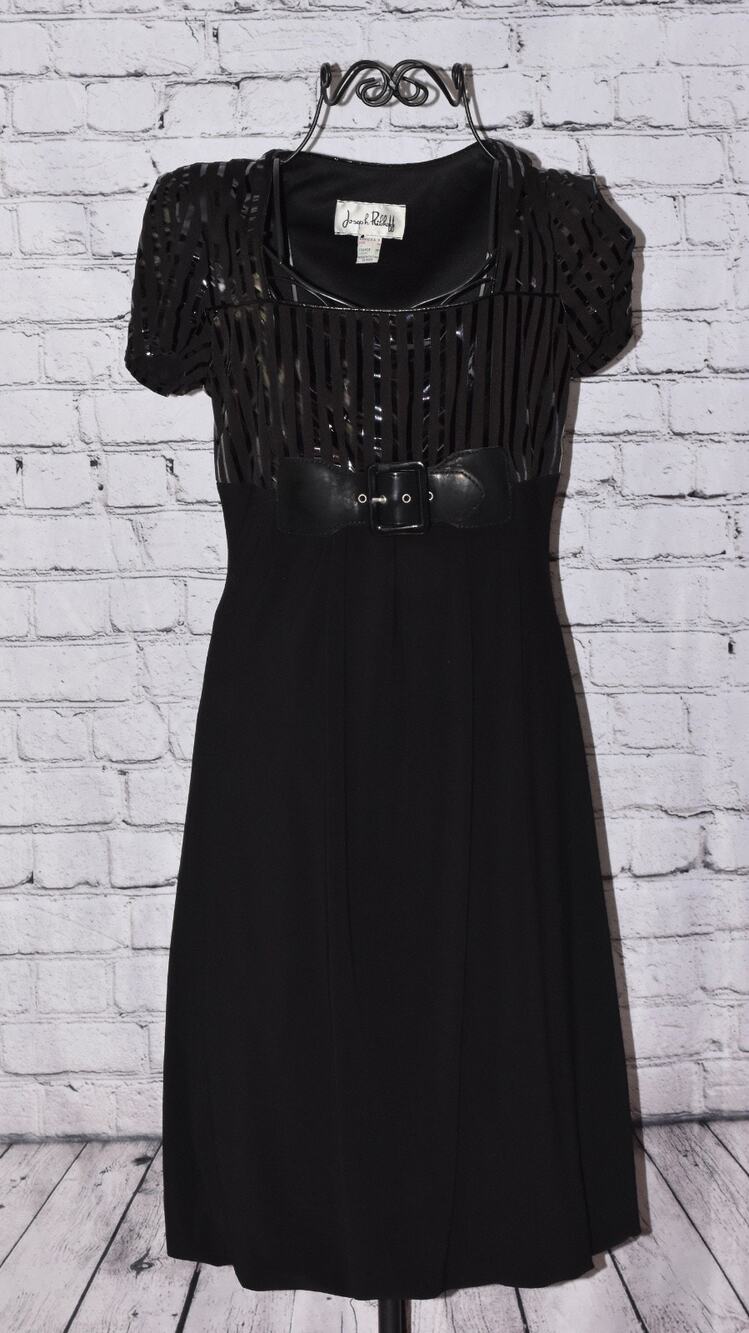 Joseph Ribkoff Black Empire Cut Belted Bubble Hem Sheath Dress Size 6